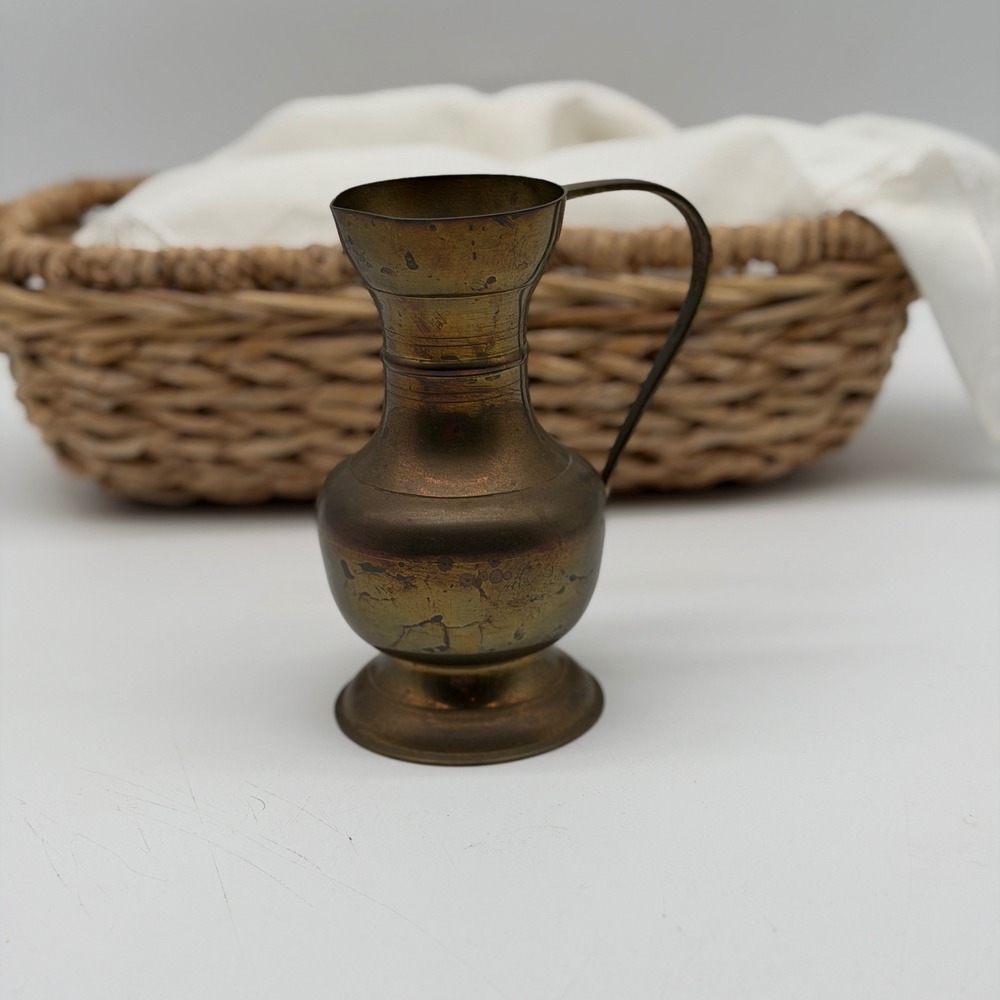 Vintage Brass Mini Pitcher Bud Vase Made in India Etched Aged Patina Decor